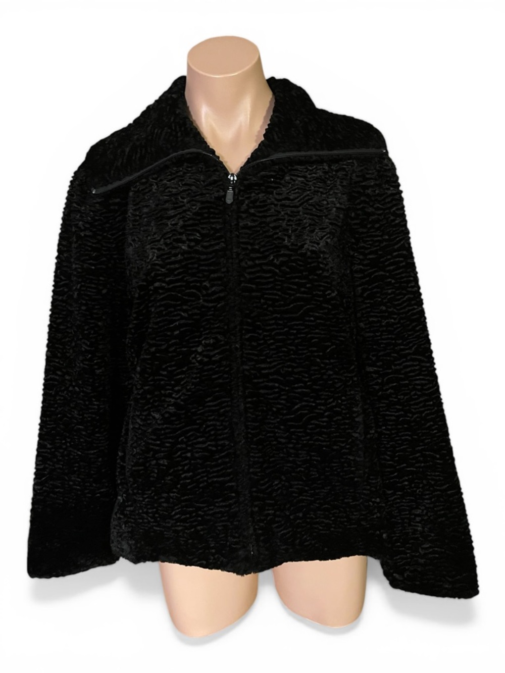 Vintage Black Persian Lamb Faux Fur Jacket Curly Swirl Plush Coat Heavy Warm - Picture 1 of 7